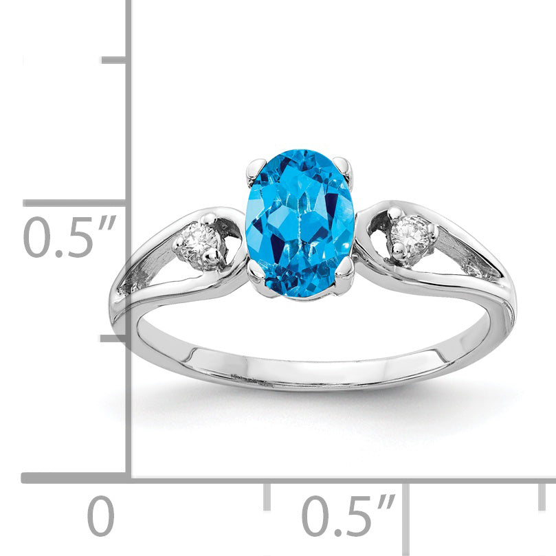 Solid 14k White Gold 7x5mm Oval Simulated Blue Topaz VS CZ Ring