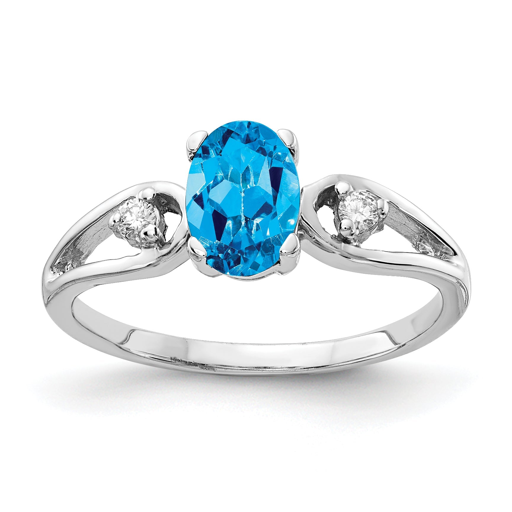 Solid 14k White Gold 7x5mm Oval Simulated Blue Topaz VS CZ Ring