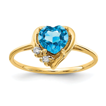 Solid 14k Yellow Gold 6mm Heart Simulated Blue Topaz VS CZ Ring