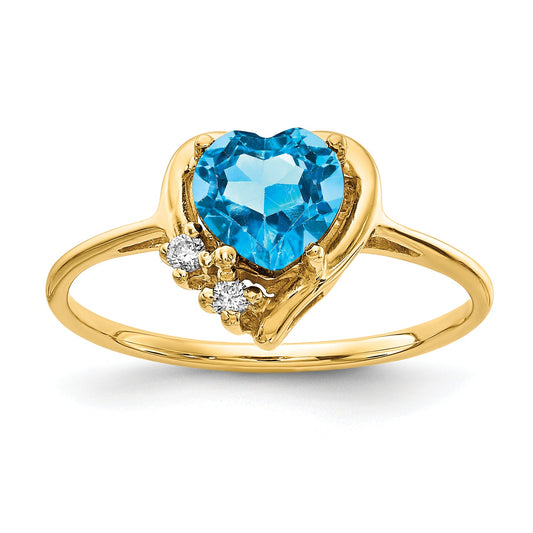 Solid 14k Yellow Gold 6mm Heart Simulated Blue Topaz VS CZ Ring