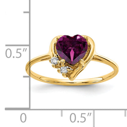 Solid 14k Yellow Gold 6mm Heart Rhodolite Simulated Garnet AA CZ Ring