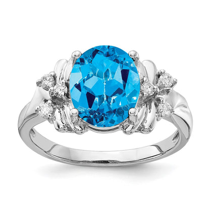 Solid 14k White Gold 10x8mm Oval Simulated Blue Topaz A CZ Ring