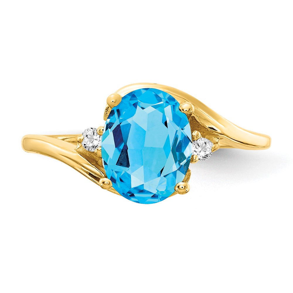 Solid 14k Yellow Gold 8x6mm Oval Simulated Blue Topaz A CZ Ring