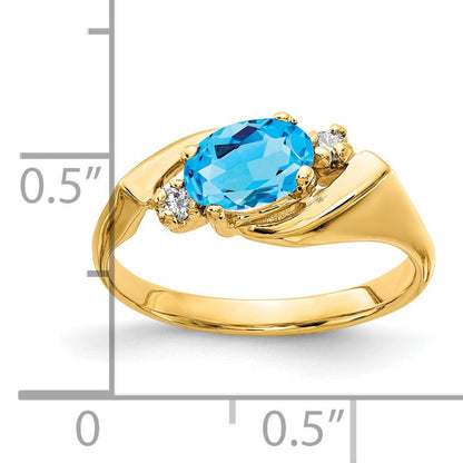Solid 14k Yellow Gold 7x5mm Oval Simulated Blue Topaz VS CZ Ring