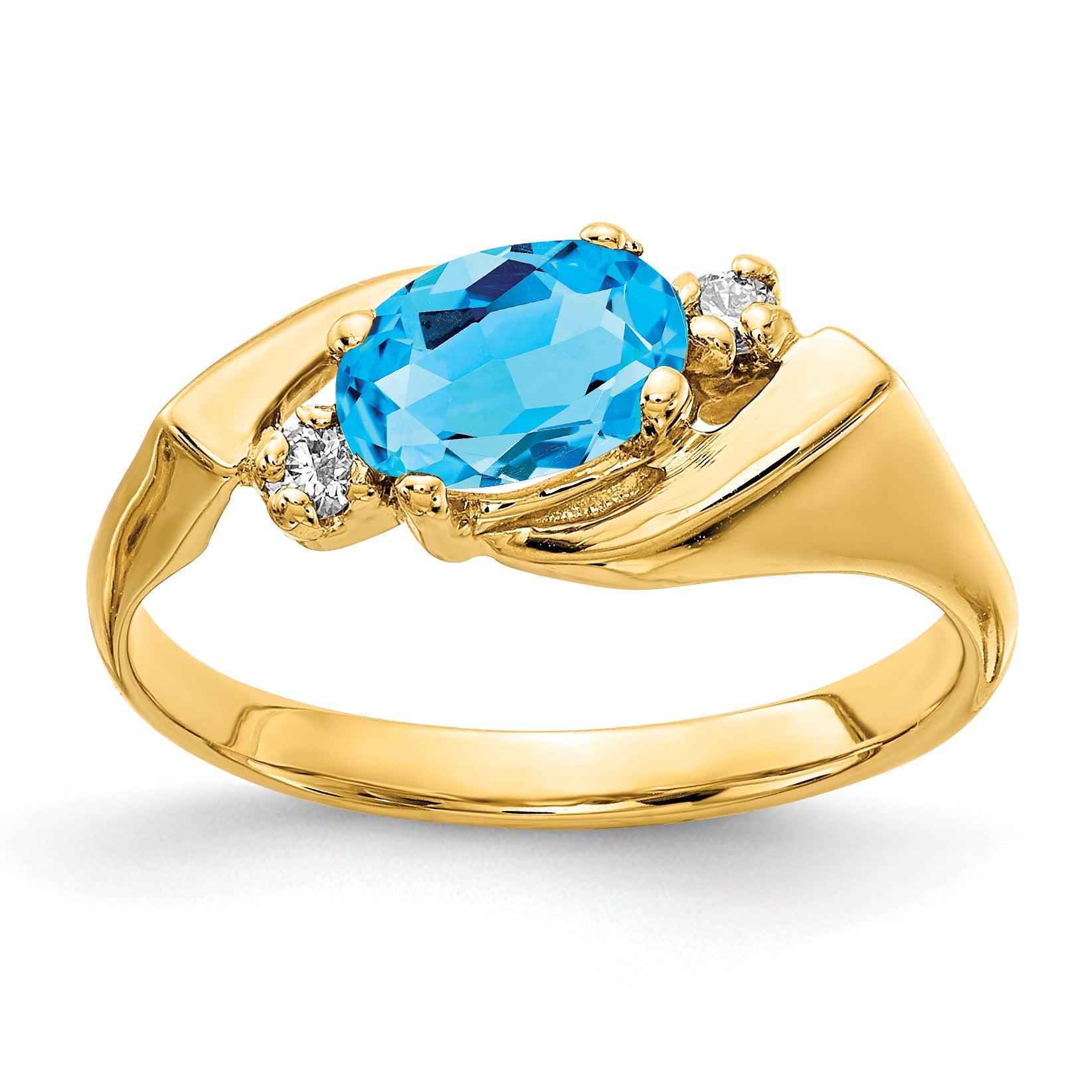 Solid 14k Yellow Gold 7x5mm Oval Simulated Blue Topaz VS CZ Ring
