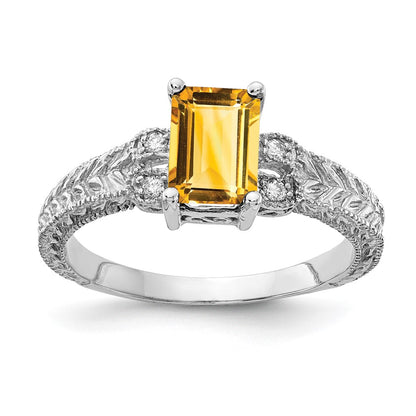 14k White Gold 7x5mm Emerald Cut Citrine AAA Diamond ring