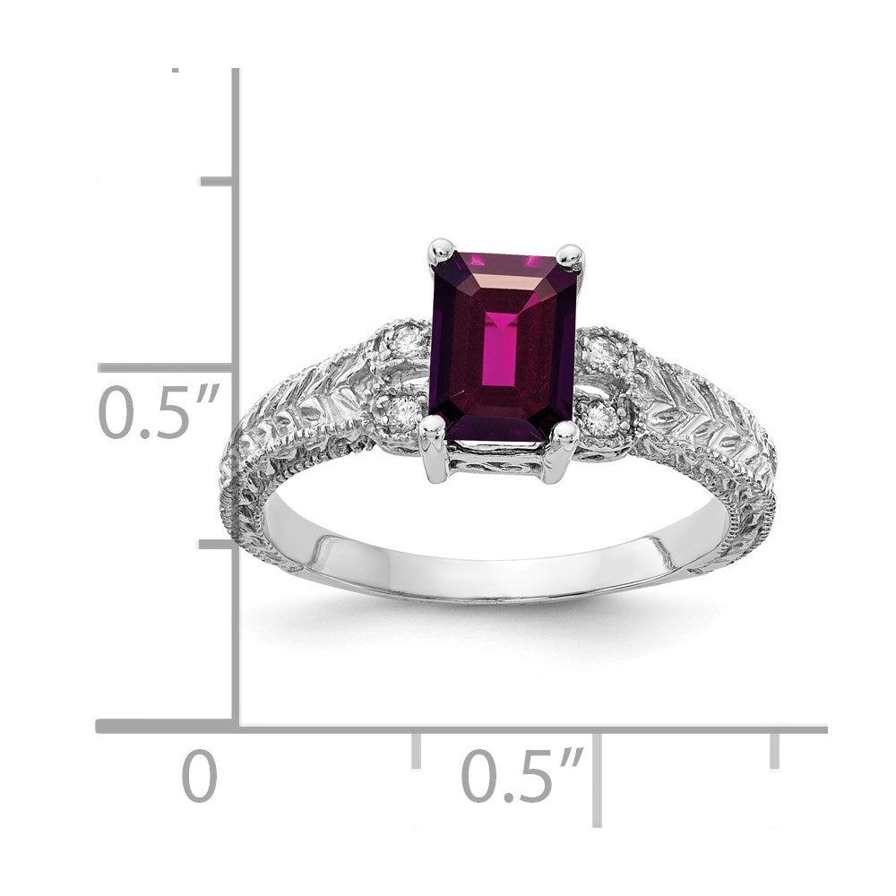 14k White Gold 7x5mm Emerald Cut Rhodolite Garnet AA Diamond ring