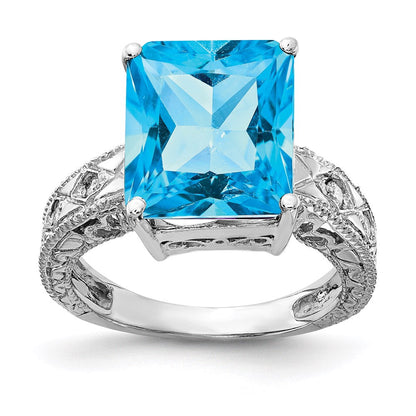 14k white gold 12x10mm emerald cut blue topaz a real diamond ring y2270bt a