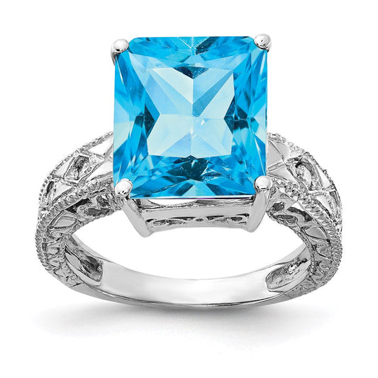 14k white gold 12x10mm emerald cut blue topaz a real diamond ring y2270bt a