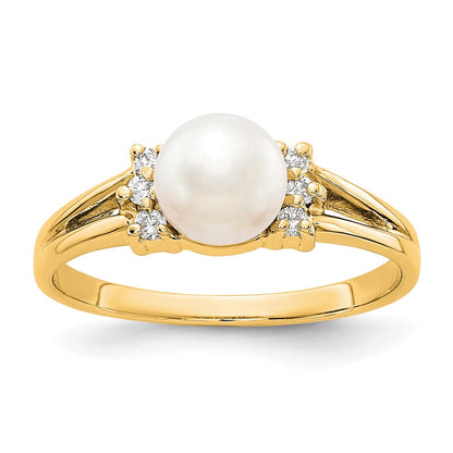 14k Yellow Gold 6mm FW Cultured Pearl AA Diamond ring