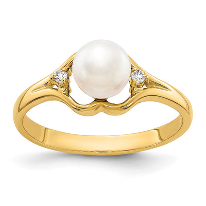 14k Yellow Gold 6mm FW Cultured Pearl AA Diamond ring