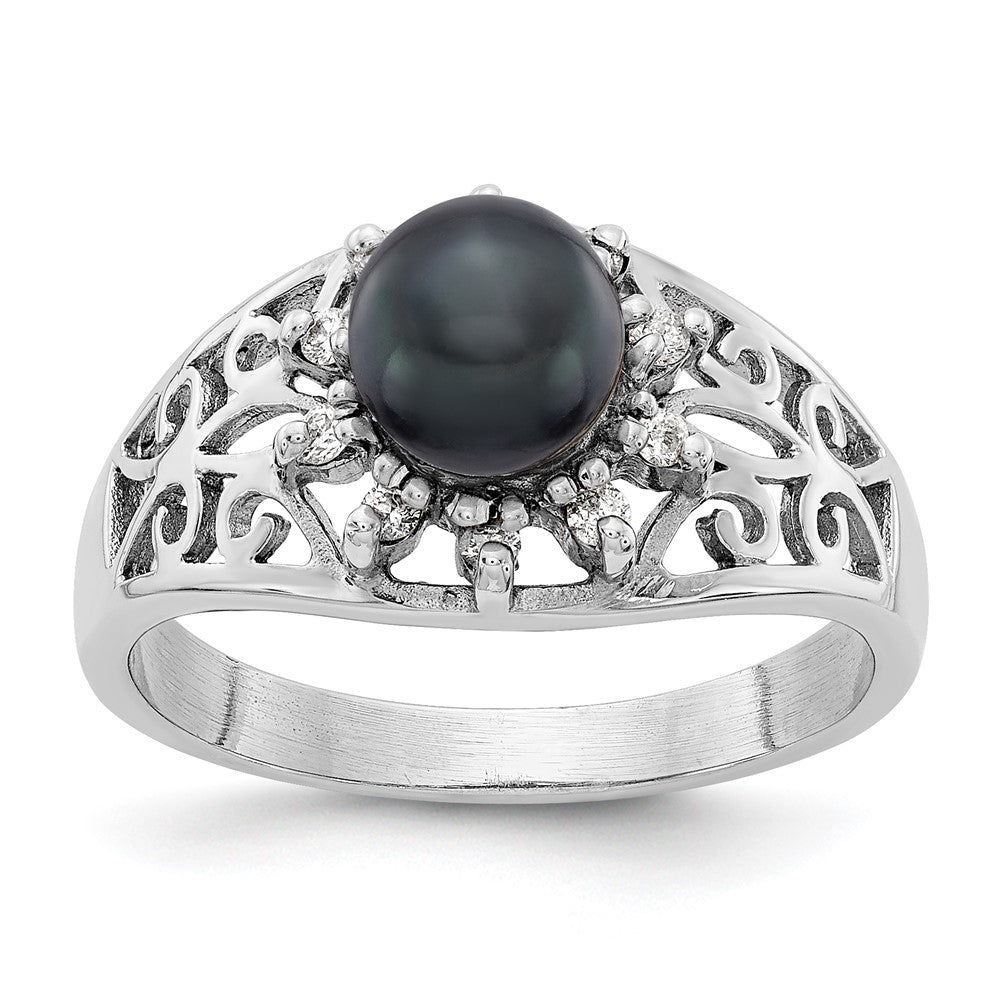 14k White Gold 6mm Black FW Cultured Pearl VS Diamond ring