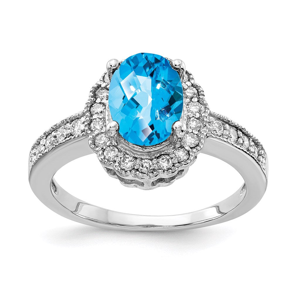 14k White Gold 8x6mm Oval Blue Topaz Checker A Real Diamond ring