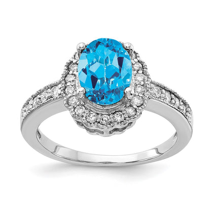 14k White Gold 8x6mm Oval Blue Topaz AA Diamond ring