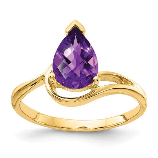14K Yellow Gold 9x6mm Pear Amethyst Checker ring