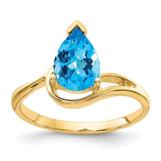 14K Yellow Gold 9x6mm Pear Blue Topaz Checker ring