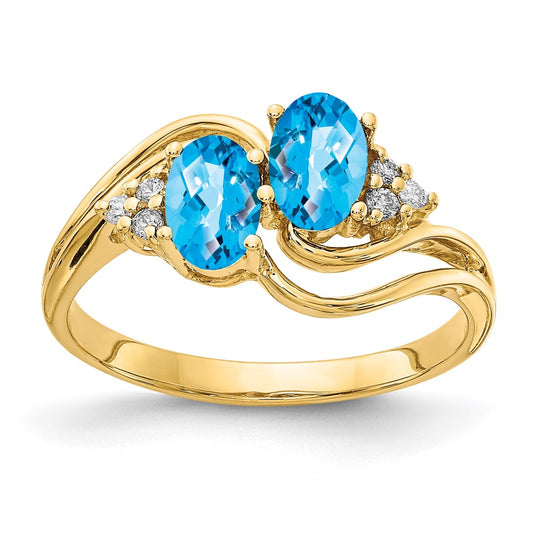 14k Yellow Gold 6x4mm Oval Blue Topaz Checker AA Diamond ring