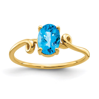 14K Yellow Gold 7x5mm Oval Blue Topaz Checker ring