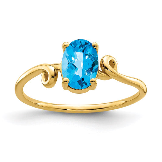14K Yellow Gold 7x5mm Oval Blue Topaz Checker ring
