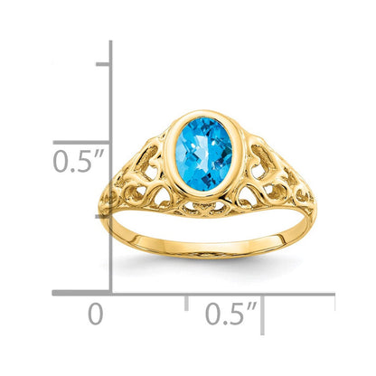 14K Yellow Gold 7x5mm Oval Blue Topaz Checker ring