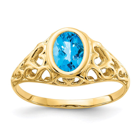 14K Yellow Gold 7x5mm Oval Blue Topaz Checker ring