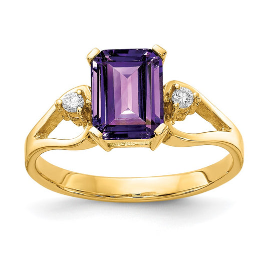 14k Yellow Gold 8x6mm Emerald Cut Amethyst VS Diamond ring