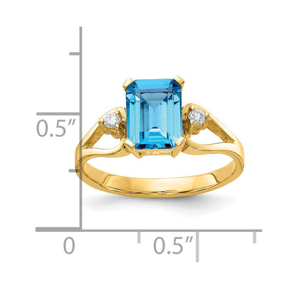 14k Yellow Gold 8x6mm Emerald Cut Blue Topaz AAA Diamond ring