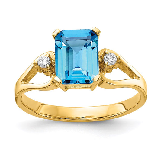 14k yellow gold 8x6mm emerald cut blue topaz a real diamond ring y4749bt a