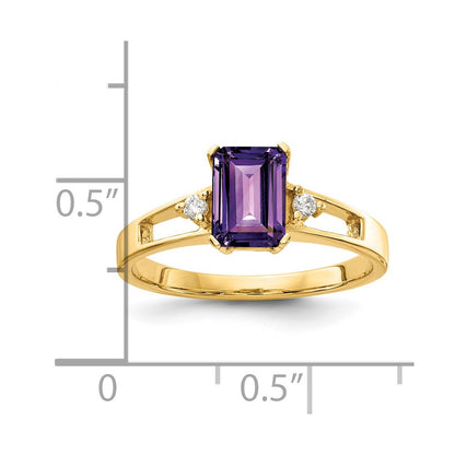 14k Yellow Gold 7x5mm Emerald Cut Amethyst AA Diamond ring
