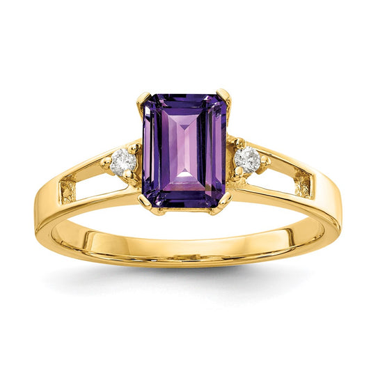 14k Yellow Gold 7x5mm Emerald Cut Amethyst AA Diamond ring