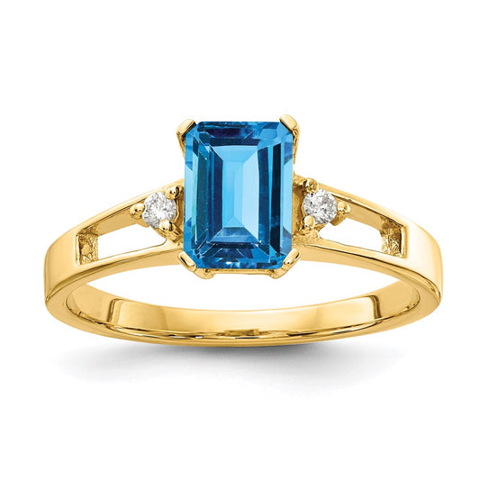 14k yellow gold 7x5mm emerald cut blue topaz a real diamond ring y4757bt a