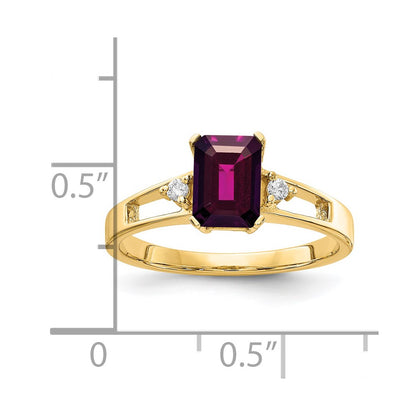 14k Yellow Gold 7x5mm Emerald Cut Rhodolite Garnet AA Diamond ring