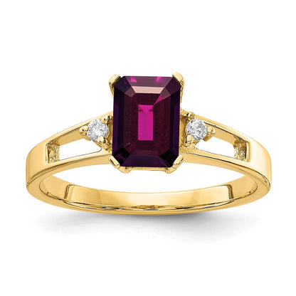 14k Yellow Gold 7x5mm Emerald Cut Rhodolite Garnet AA Diamond ring