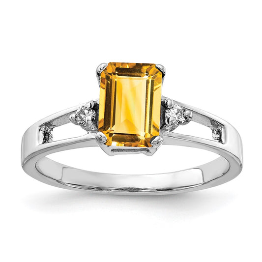 14k White Gold 7x5mm Emerald Cut Citrine AA Diamond ring