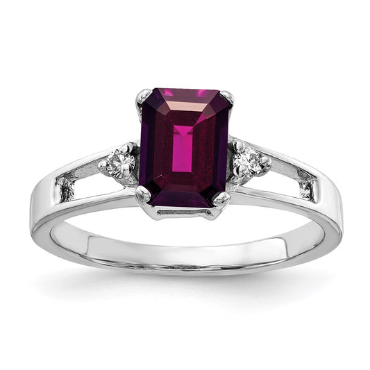 14k White Gold 7x5mm Emerald Cut Rhodolite Garnet AA Diamond ring