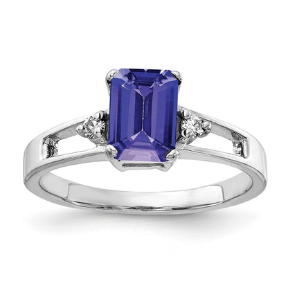14k White Gold 7x5mm Emerald Cut Tanzanite AA Diamond ring