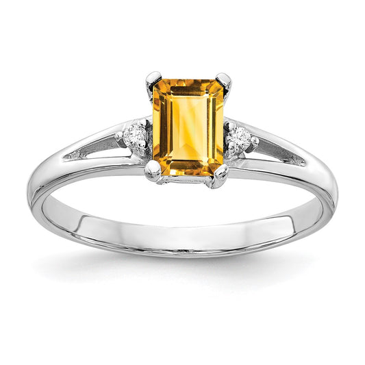 14k White Gold 6x4mm Emerald Cut Citrine AAA Diamond ring