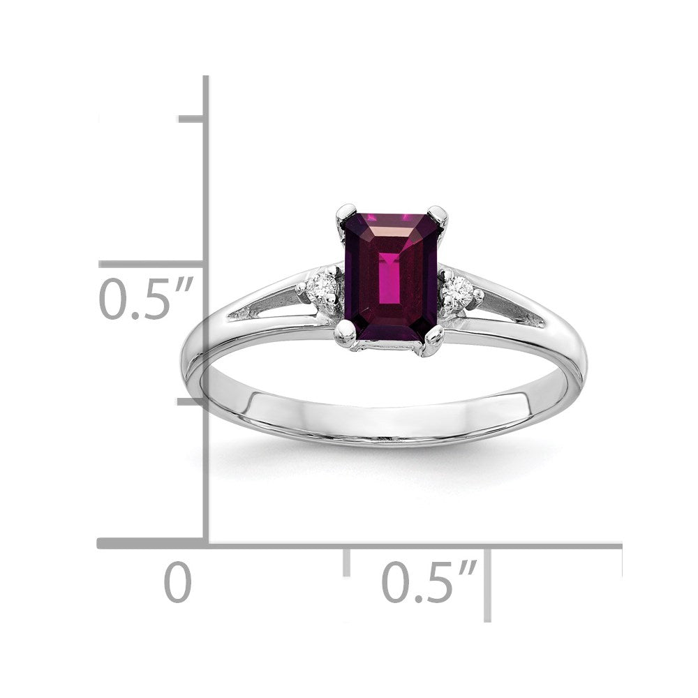 14k White Gold 6x4mm Emerald Cut Rhodolite Garnet AAA Diamond ring