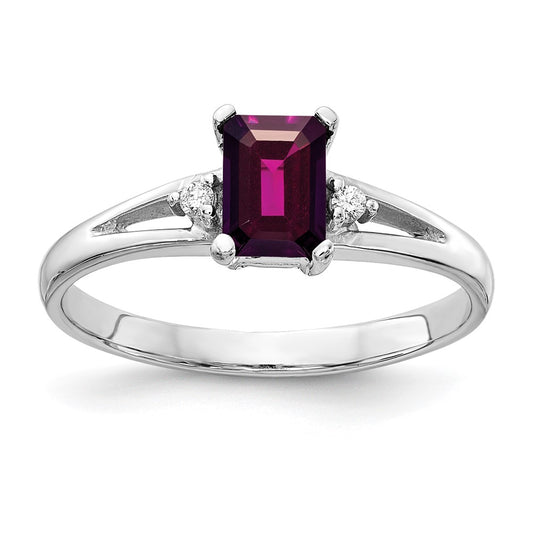 14k White Gold 6x4mm Emerald Cut Rhodolite Garnet A Diamond ring