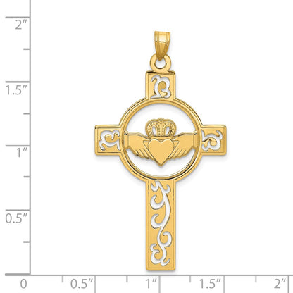 14k Yellow Gold Laser Cut Claddagh Cross Charm