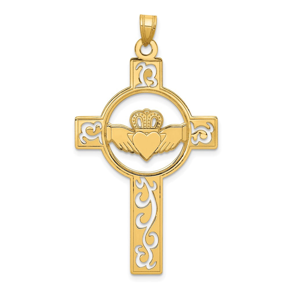 14k Yellow Gold Laser Cut Claddagh Cross Charm