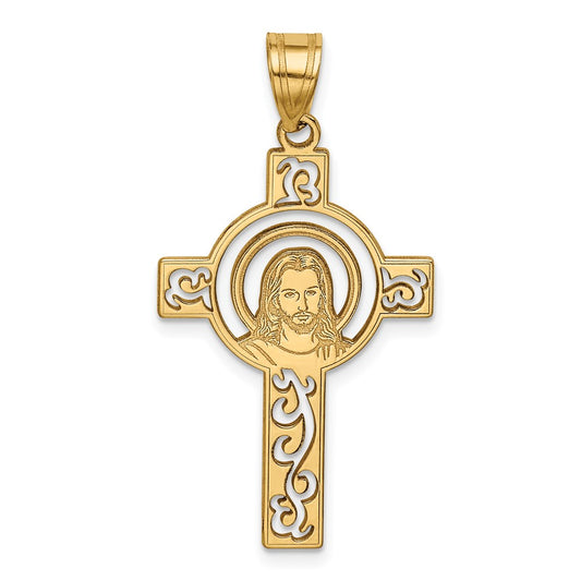 14k Yellow Gold Laser Cut Jesus Face Cross Charm