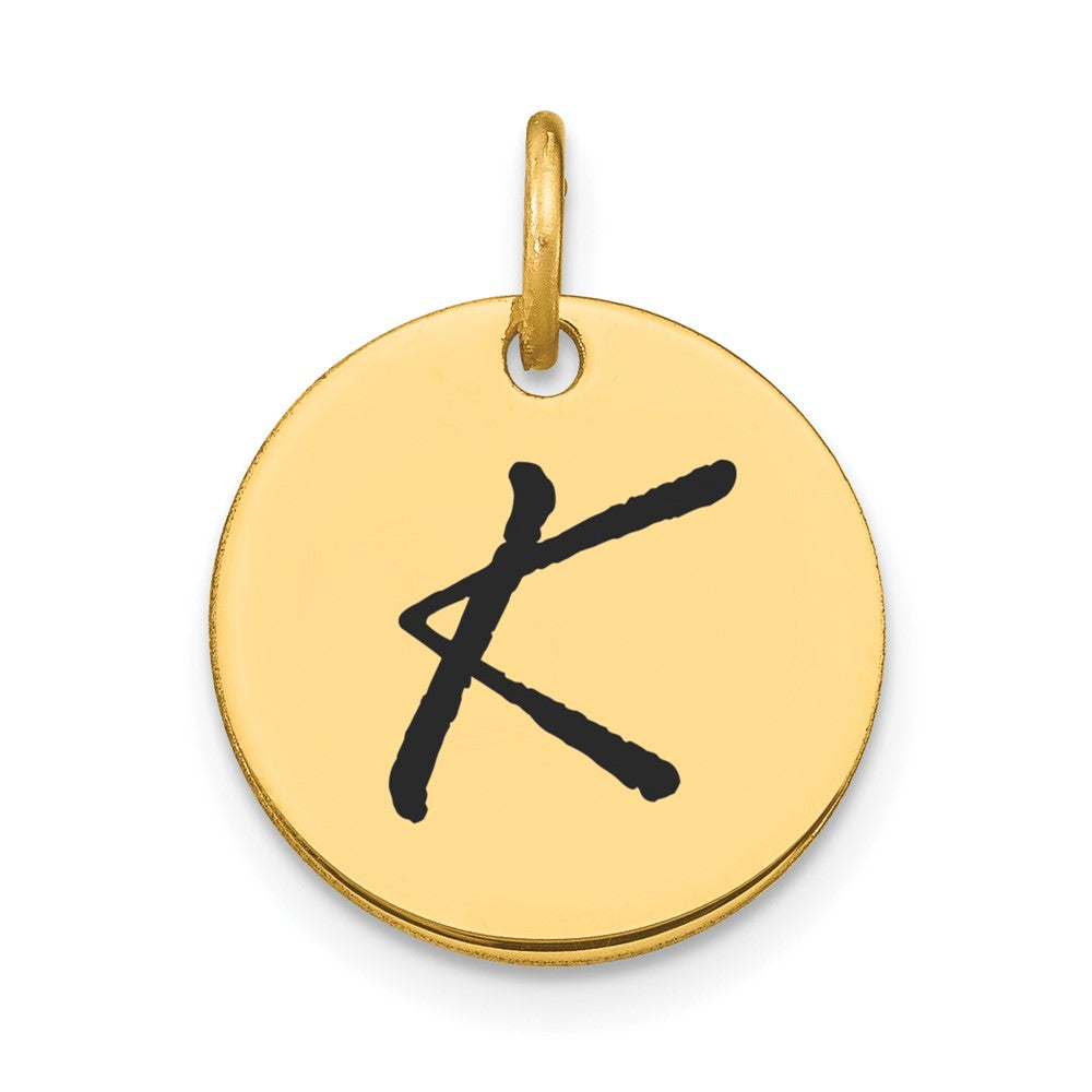 14k Yellow Gold Polished Black Enamel Letter K Initial Disk Charm