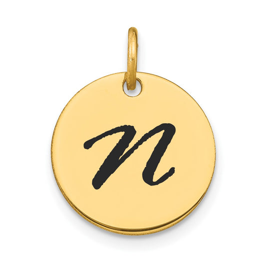 14k Yellow Gold Polished Black Enamel Letter N Initial Disk Charm