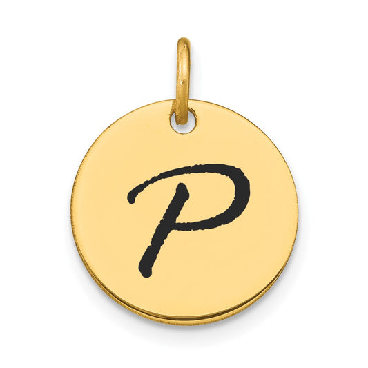 14k Yellow Gold Polished Black Enamel Letter P Initial Disk Charm
