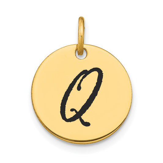 14k Yellow Gold Polished Black Enamel Letter Q Initial Disk Charm