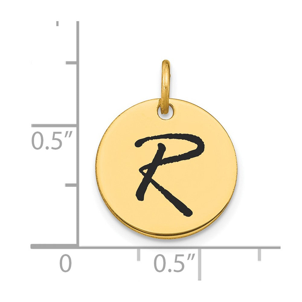 14k Yellow Gold Polished Black Enamel Letter R Initial Disk Charm