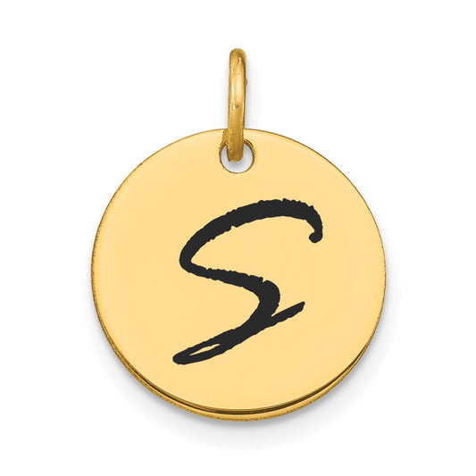 14k Yellow Gold Polished Black Enamel Letter S Initial Disk Charm
