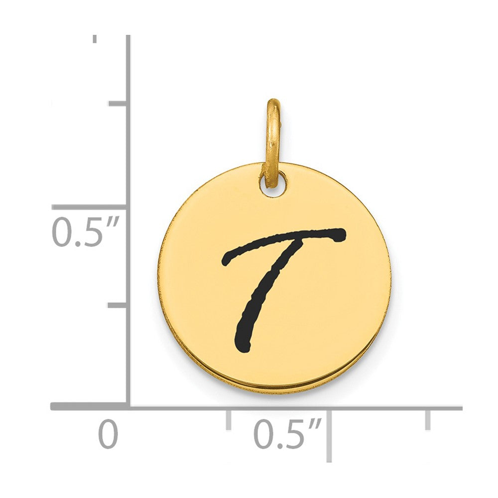14k Yellow Gold Polished Black Enamel Letter T Initial Disk Charm