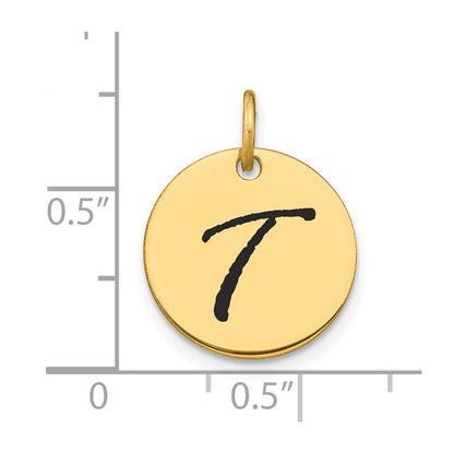14k Yellow Gold Polished Black Enamel Letter T Initial Disk Charm